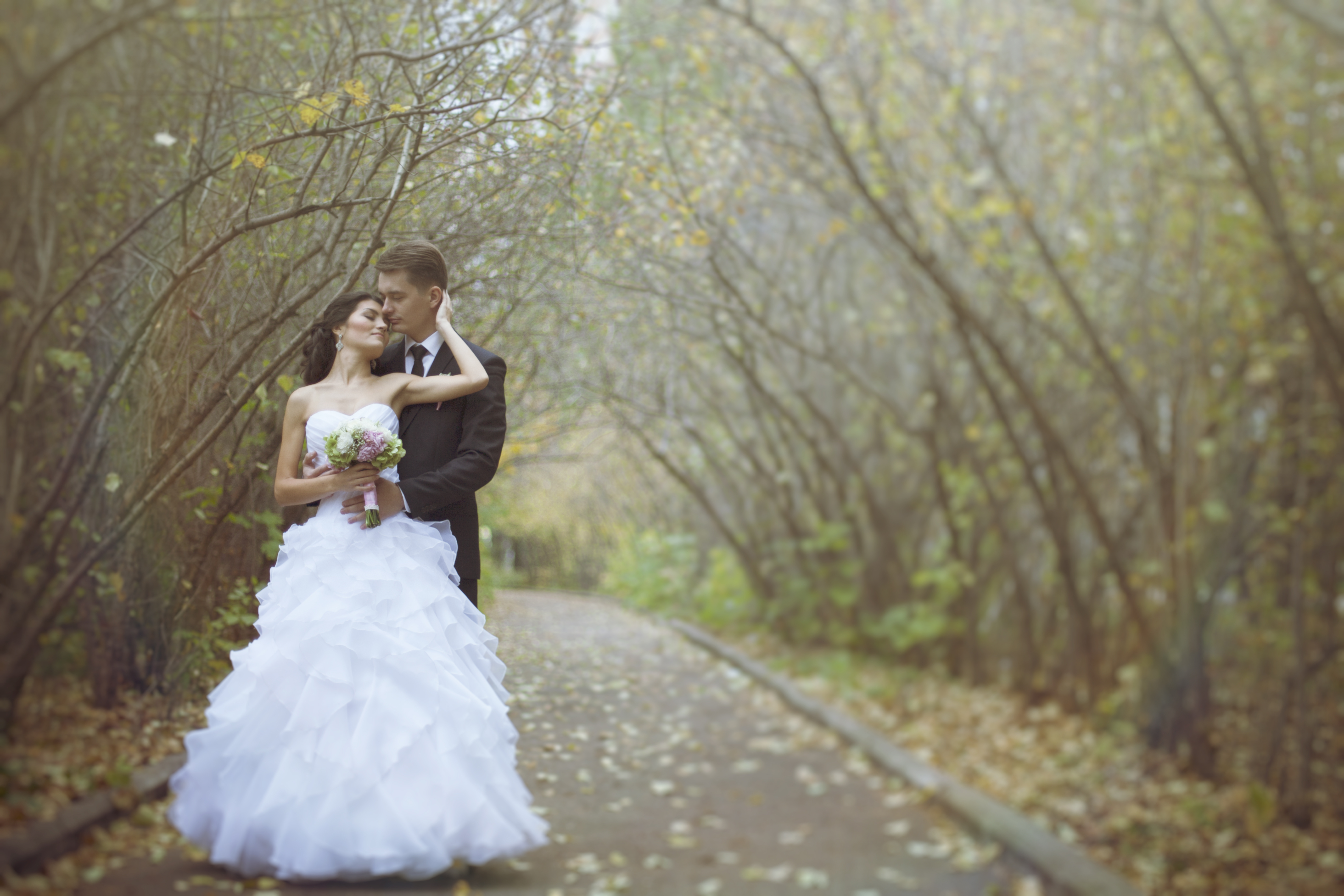 Married Couple embracing , groom and bride