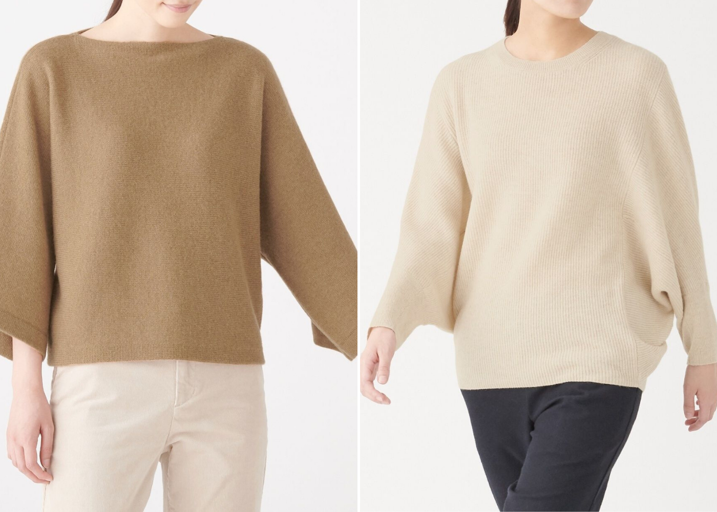 Left: Camel dolman sleeve sweater, right: Camel wool wide sweater. Photography: Muji