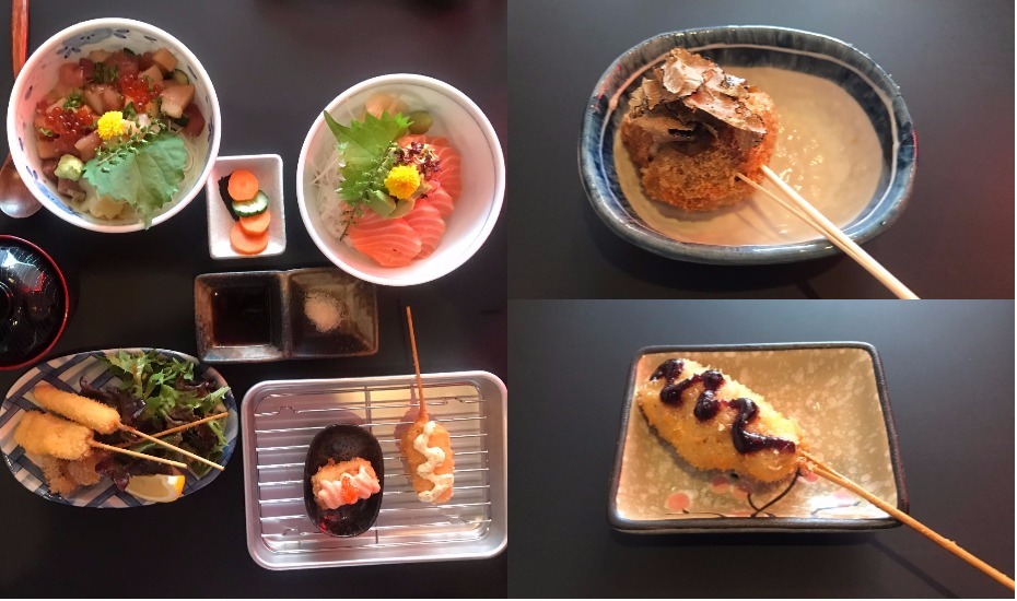 A spread of sashimi, salad and kushikatsu at Panko restaurant. Top right: chicken truffle. Bottom right: foie gras with blueberry sauce. 