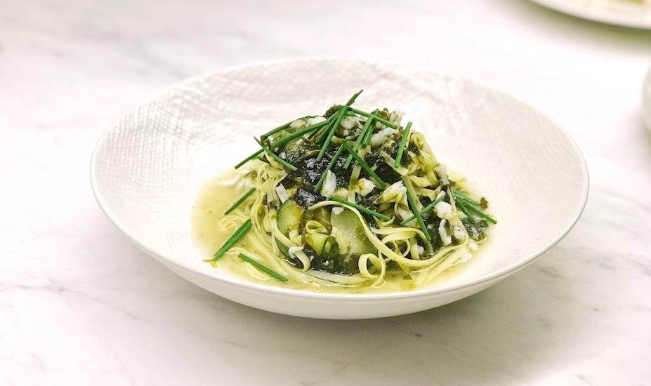 Kimme's spanner crab linguine in dashi broth with seaweed.