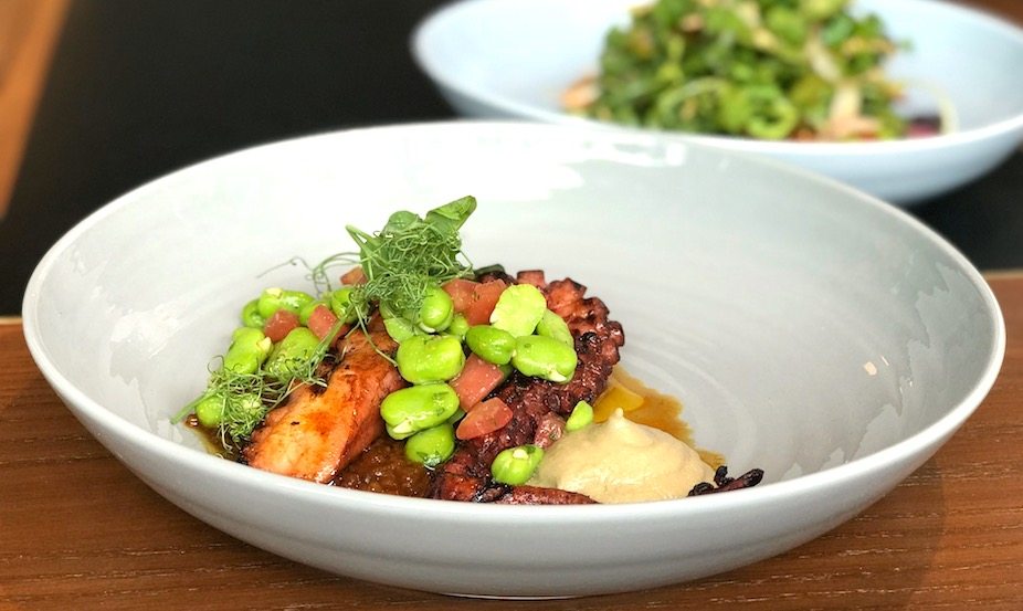 Origin's char-grilled Octopus and, in background, Hokkaido scallops.