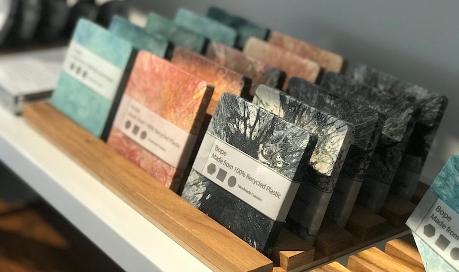 We'll take one in each colour: Bope coasters, made from recycled plastic at social enterprise The Social Space Singapore.