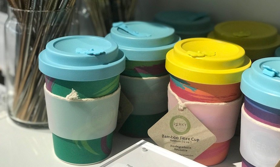 Bamboo fibre reusable coffee cups by Perky at The Social Space. While you're there, pick up a stainless steel or glass straw.