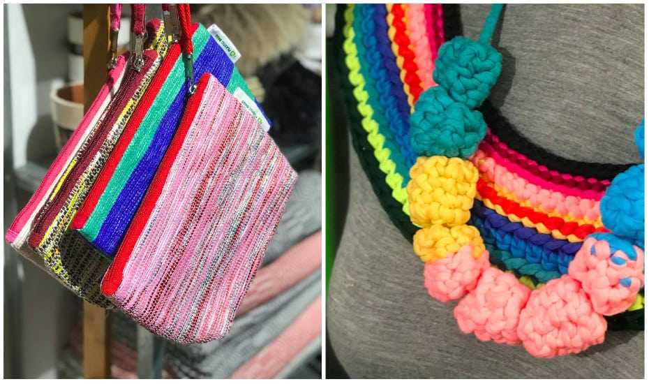 Clutches made from plastic bags from Coopita and fun jewellery made from recycled fabrics by Taikensonzai, at eco friendly lifestyle store The Green Collective.