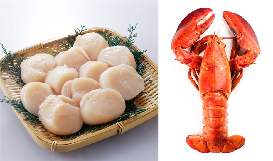 Scallops and two cooked Canadian lobsters from Warehouse Club's frozen seafood range.