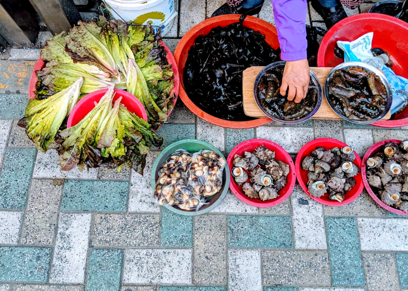 A local granny selling sea cucumbers and shellfish by the street.