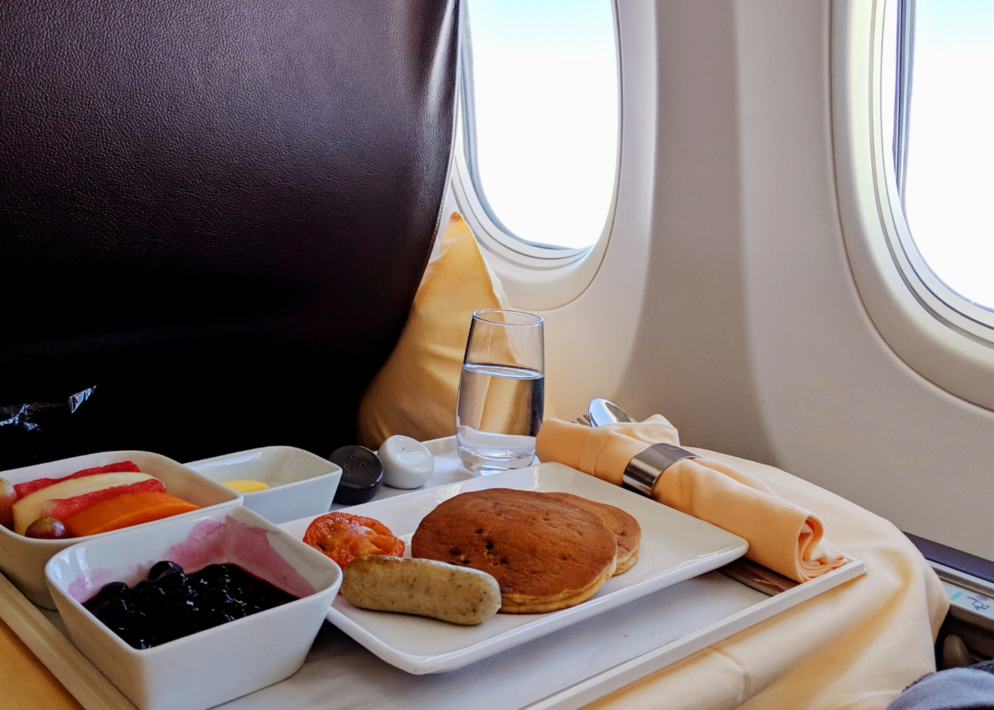 Breakfast pancakes on board the flight.