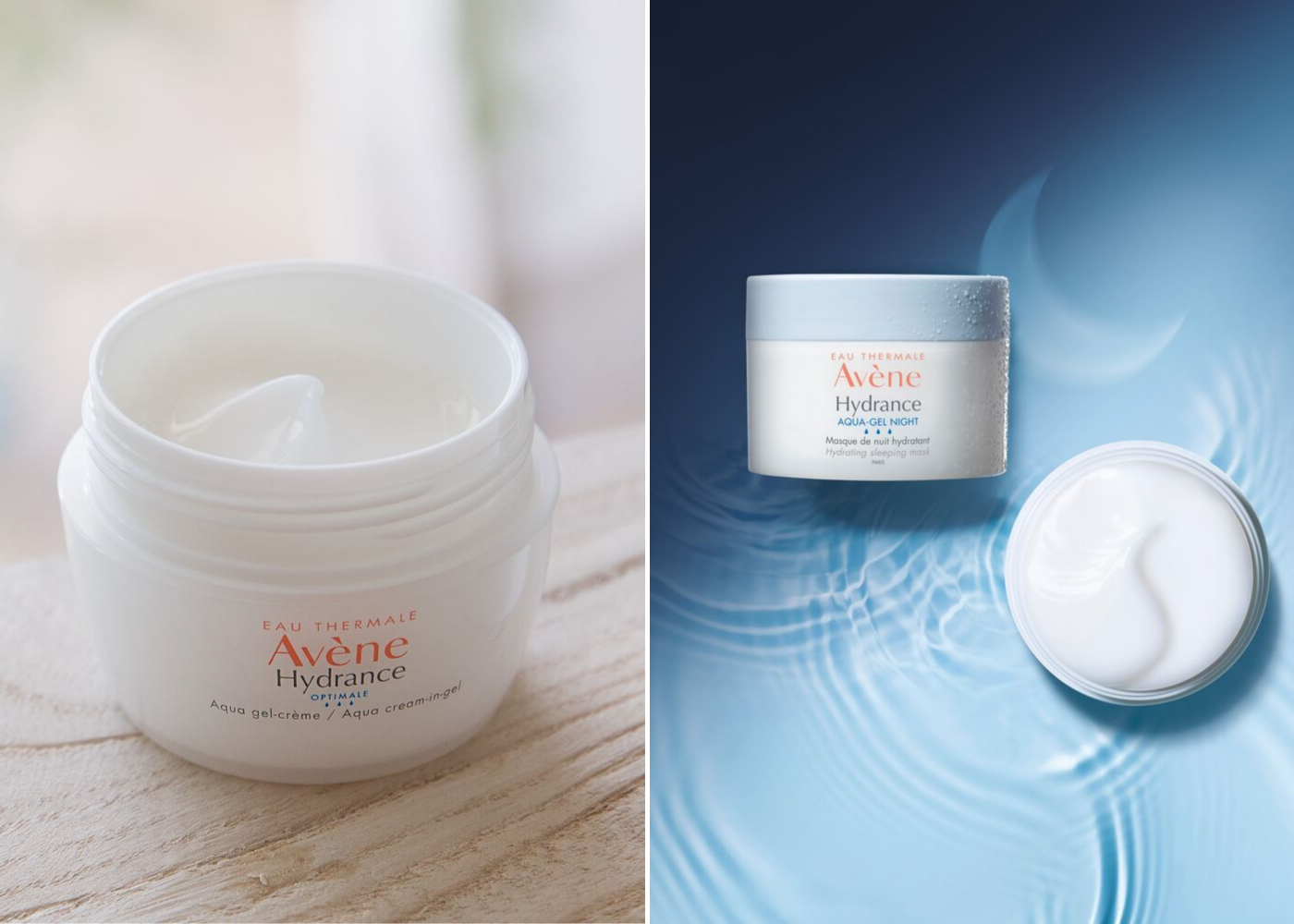 Left: Hydrance Aqua Cream in Gel, right: Hydrance Aqua-Gel Night Hydrating Sleeping Mask. Photography: Avene