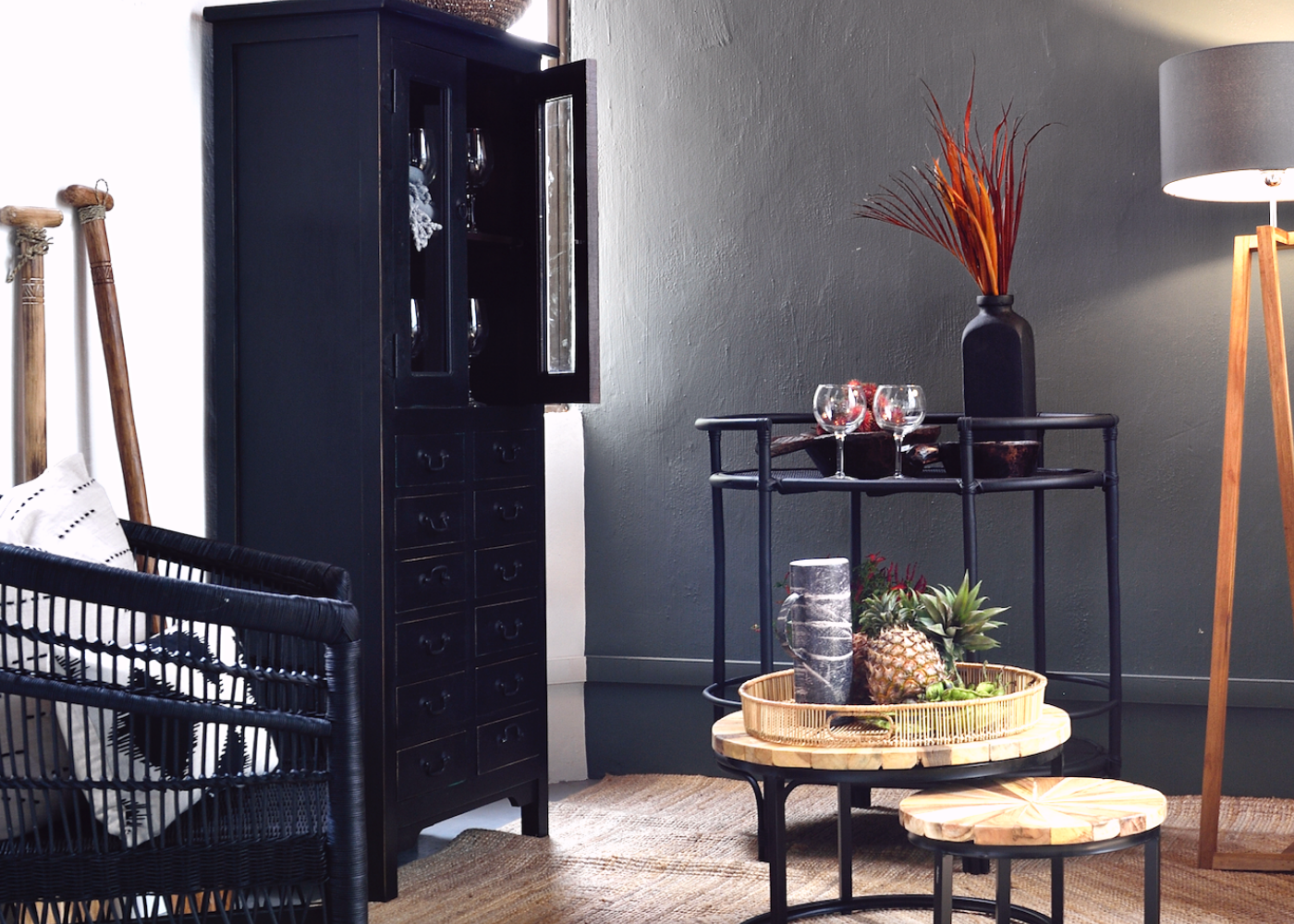 Items featured: Java table with black iron legs and Gineva bar cart from Island Living. Photography: Island Living