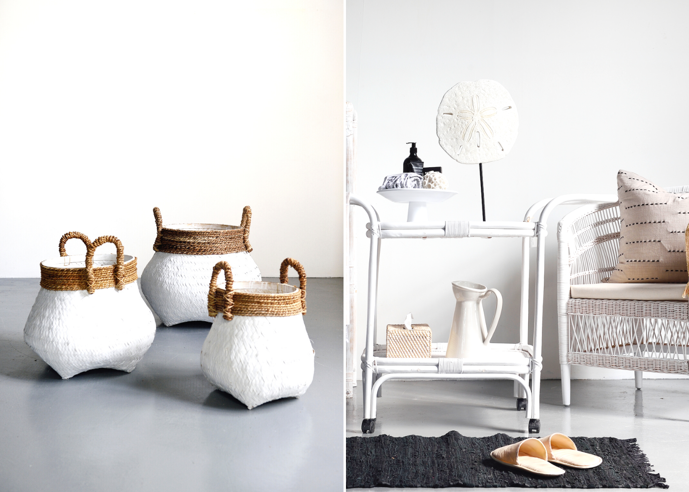 Items featured: Glam round baskets, rattan bar cart and cushion from Island Living. Photography: Island Living