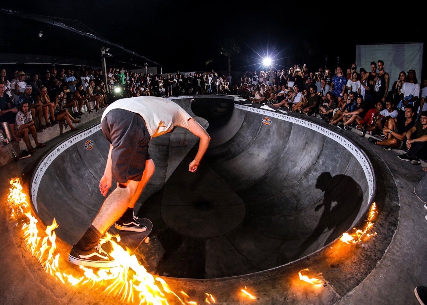 Skateboarding with at Pretty Poison bar in Canggu, Bali, Indonesia