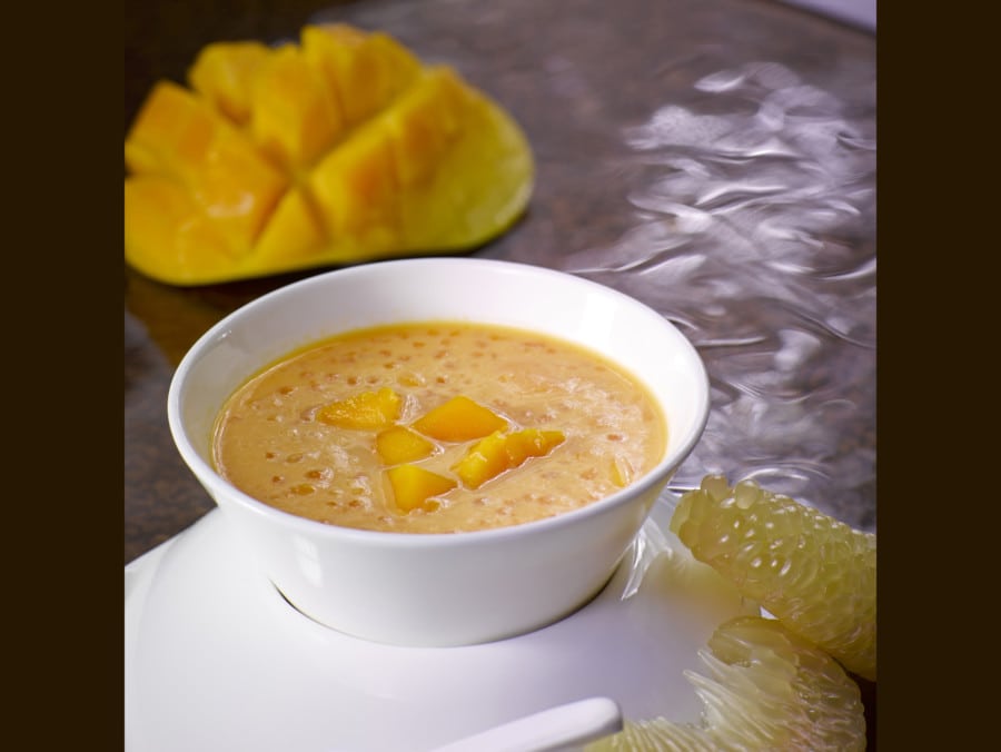 Chilled sago cream with fresh mango juice and-pomelo