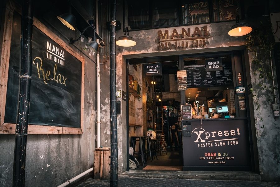 best happy hours in Hong Kong exterior of MANA! fast slow food
