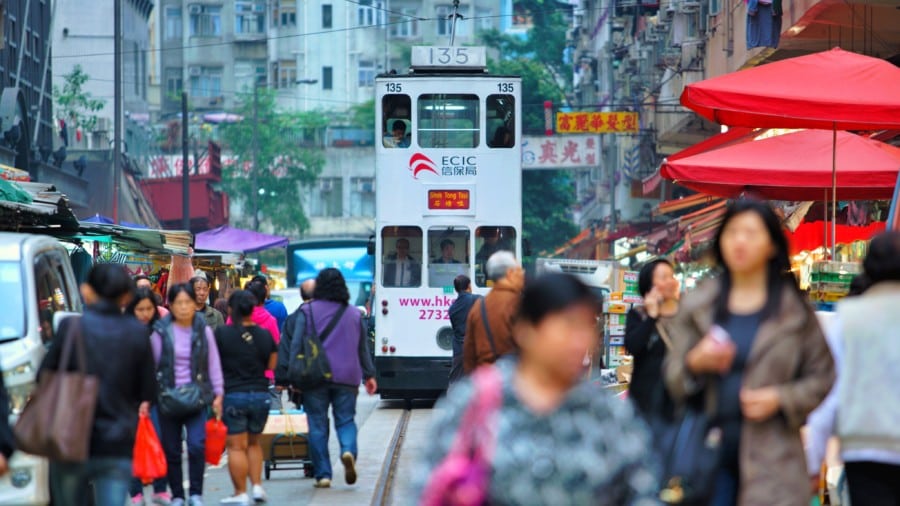 Hong Kong tram tour image of tram at Chun Yeung Street Wet Market